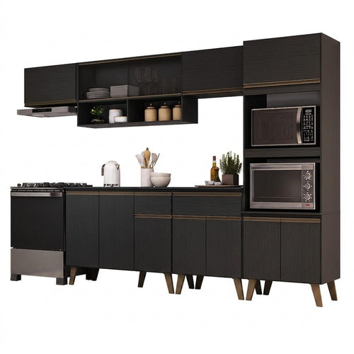 Armário de Cozinha Completa Atlanta Flux com Vidro Carraro Preto Touch