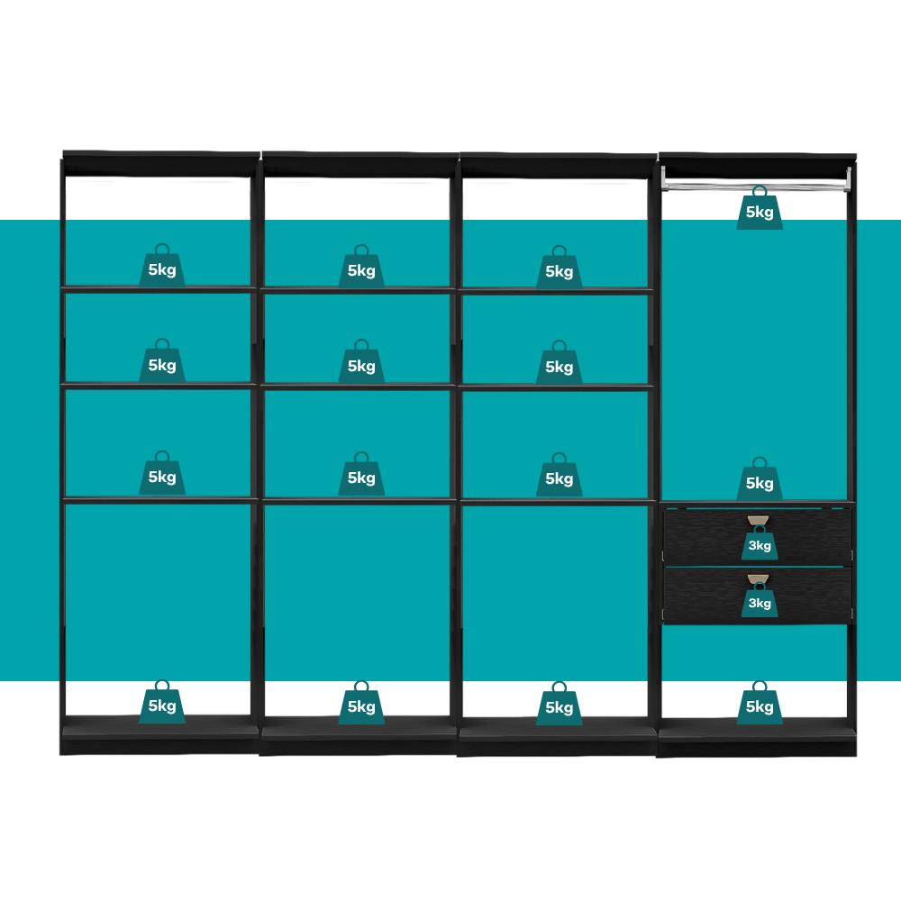 Guarda-Roupas Closet Modulado Alasca One 240cm 4 Peças com 2 Gavetas e Cabideiros Preto Touch Carraro