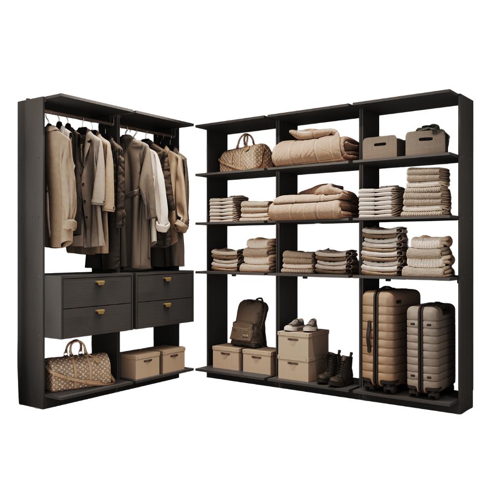 Guarda-Roupas Closet Modulado Alasca 300cm 5 Peças com 4 Gavetas e Cabideiros Preto Touch Carraro