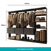 Guarda-Roupas Closet Modulado Alasca 240cm 4 Peças com 6 Gavetas e Cabideiros Preto Touch Carraro