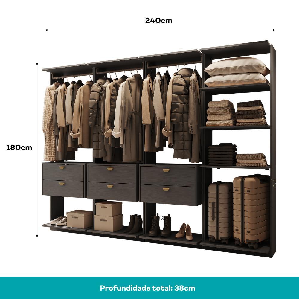 Guarda-Roupas Closet Modulado Alasca 240cm 4 Peças com 6 Gavetas e Cabideiros Preto Touch Carraro