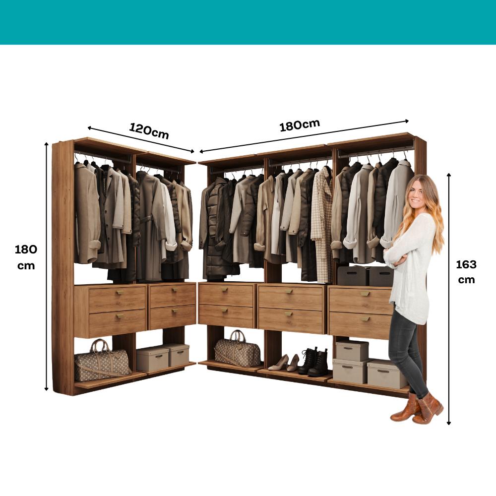 Guarda-Roupas Closet Modulado Alasca 300cm 5 Peças com 10 Gavetas e Cabideiros Freijó Carraro
