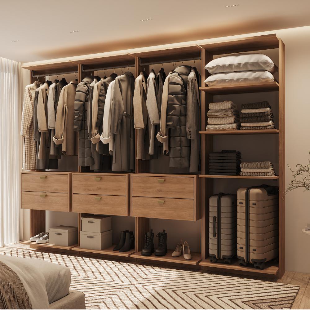 Guarda-Roupas Closet Modulado Alasca 240cm 4 Peças com 6 Gavetas e Cabideiros Freijó Carraro
