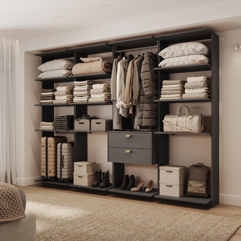 Guarda-Roupas Closet Modulado Alasca 240cm 4 Peças com 2 Gavetas e Cabideiros Preto Touch Carraro