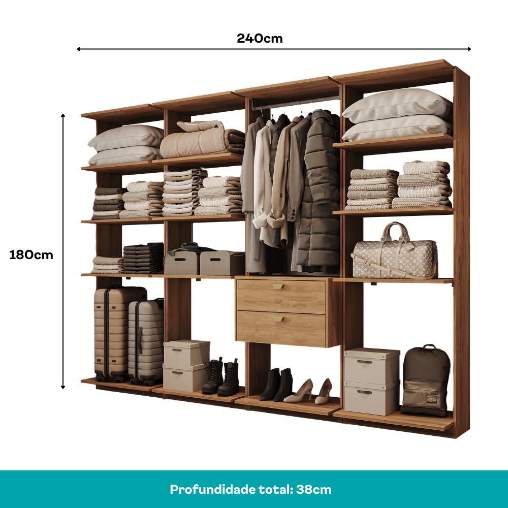 Guarda-Roupas Closet Modulado Alasca 240cm 4 Peças com 2 Gavetas e Cabideiros Freijó Carraro