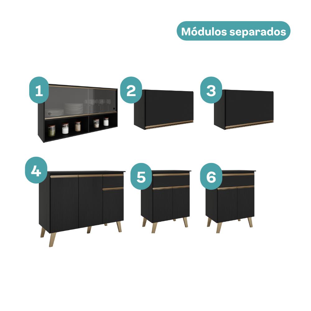 Armário de Cozinha Completa Atlanta Nexo com Vidro Carraro Preto Touch