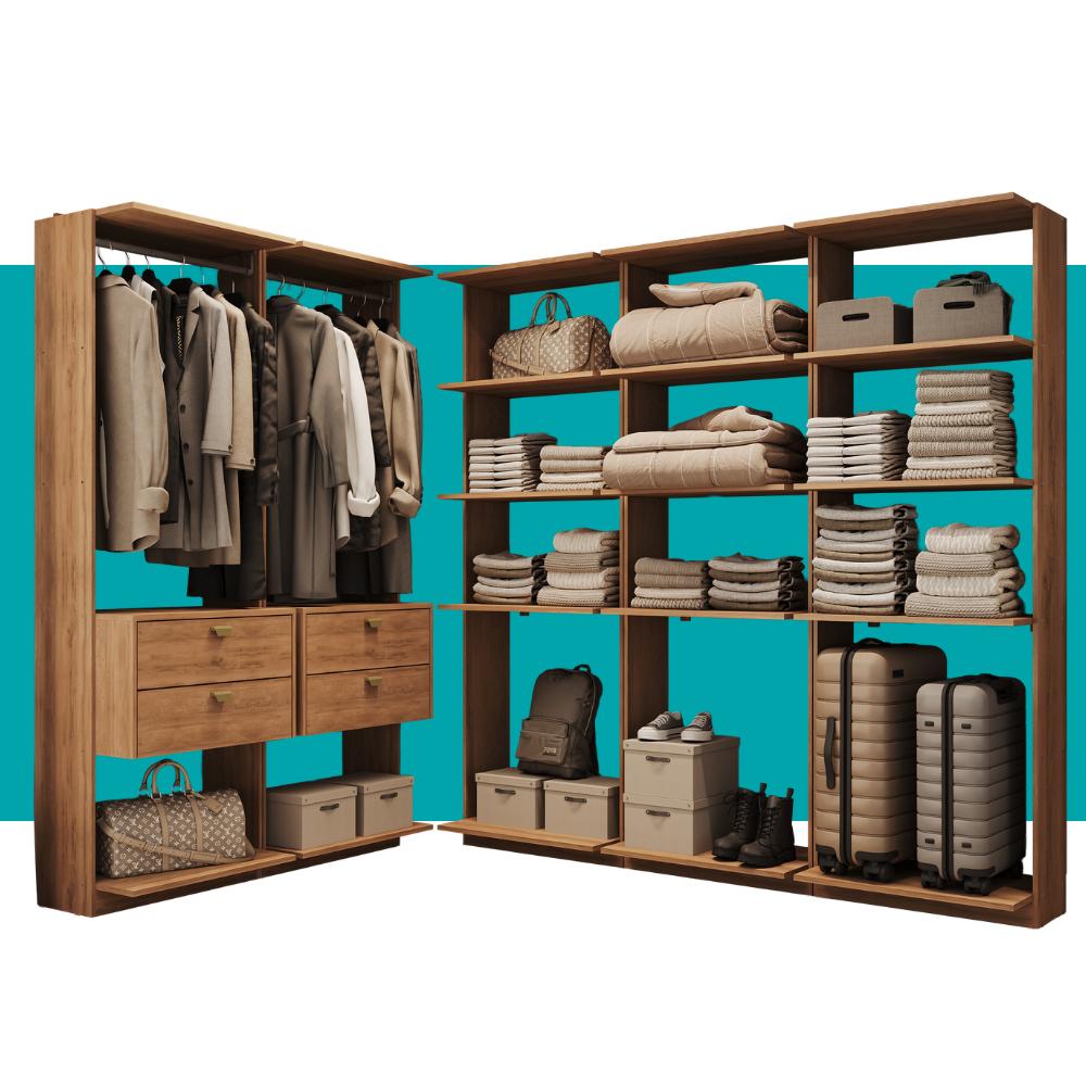 Guarda-Roupas Closet Modulado Alasca 300cm 5 Peças com 4 Gavetas e Cabideiros Freijó Carraro