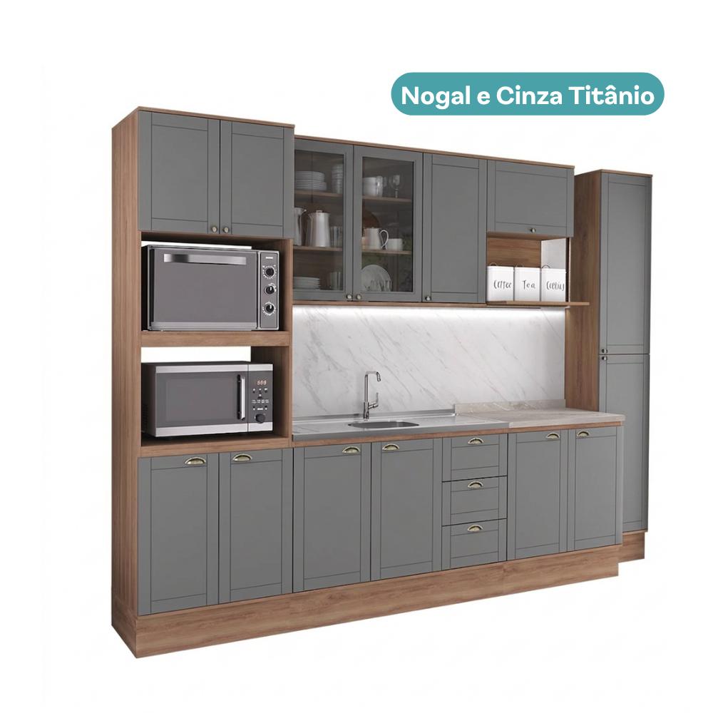 Armário de Cozinha Completa com Balcão Milla Ultra Pro Carraro Nogal com Cinza Titânio