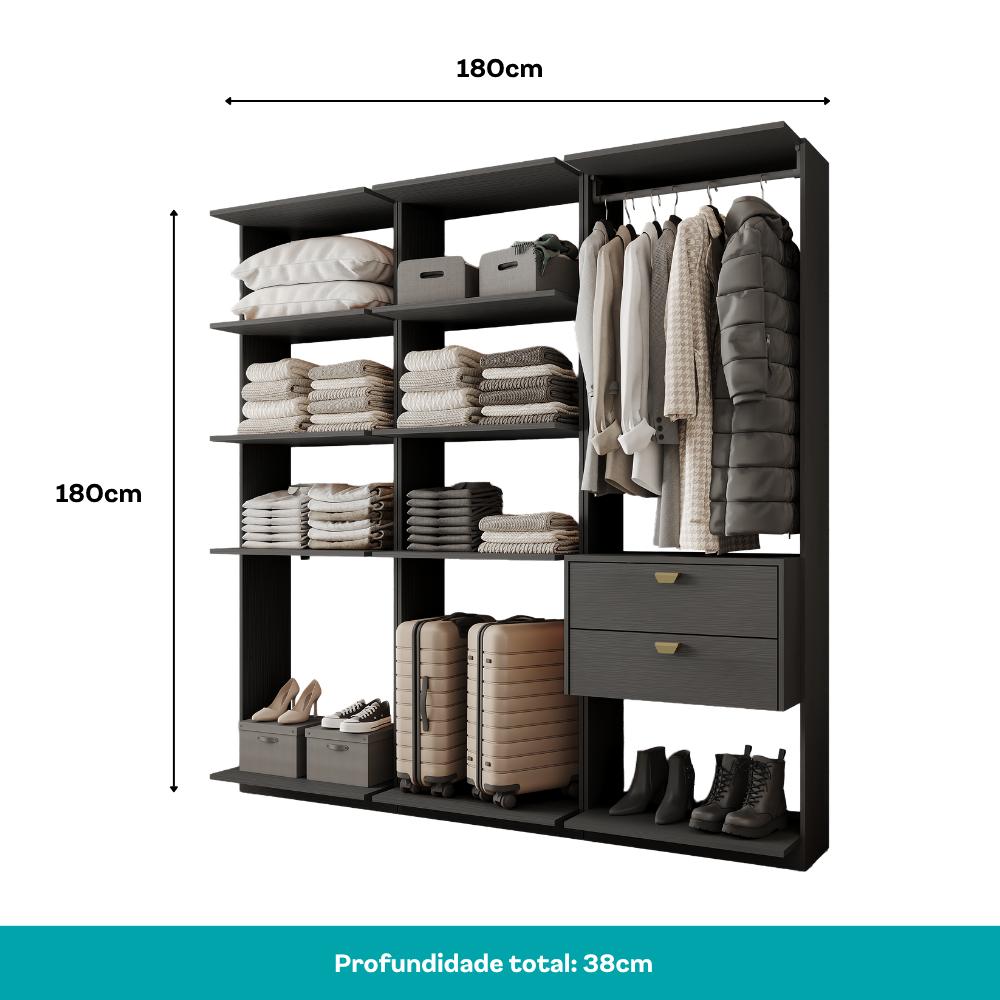 Guarda-Roupas Closet Modulado Alasca Duo 180cm 3 Peças com 2 Gavetas e Cabideiros Preto Touch Carraro