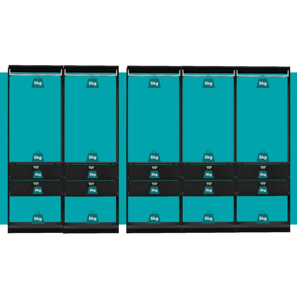Guarda-Roupas Closet Modulado Alasca 300cm 5 Peças com 10 Gavetas e Cabideiros Preto Touch Carraro