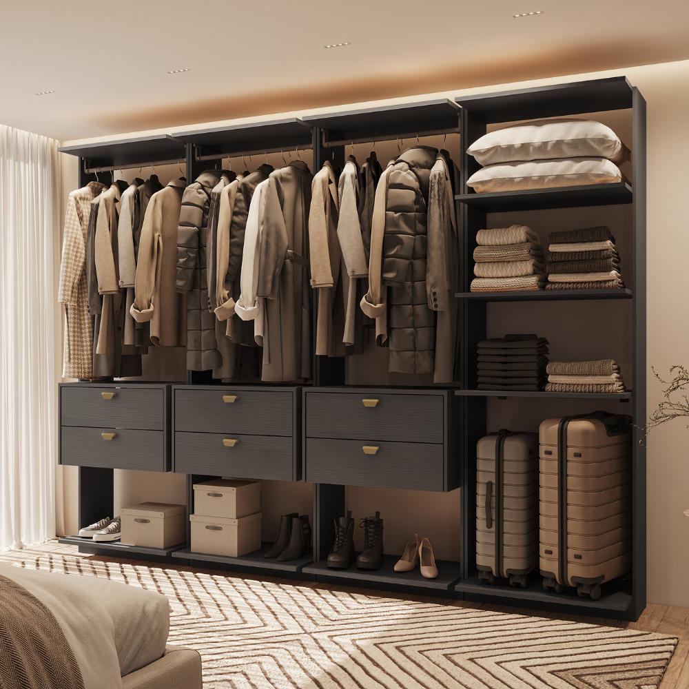 Guarda-Roupas Closet Modulado Alasca 240cm 4 Peças com 6 Gavetas e Cabideiros Preto Touch Carraro