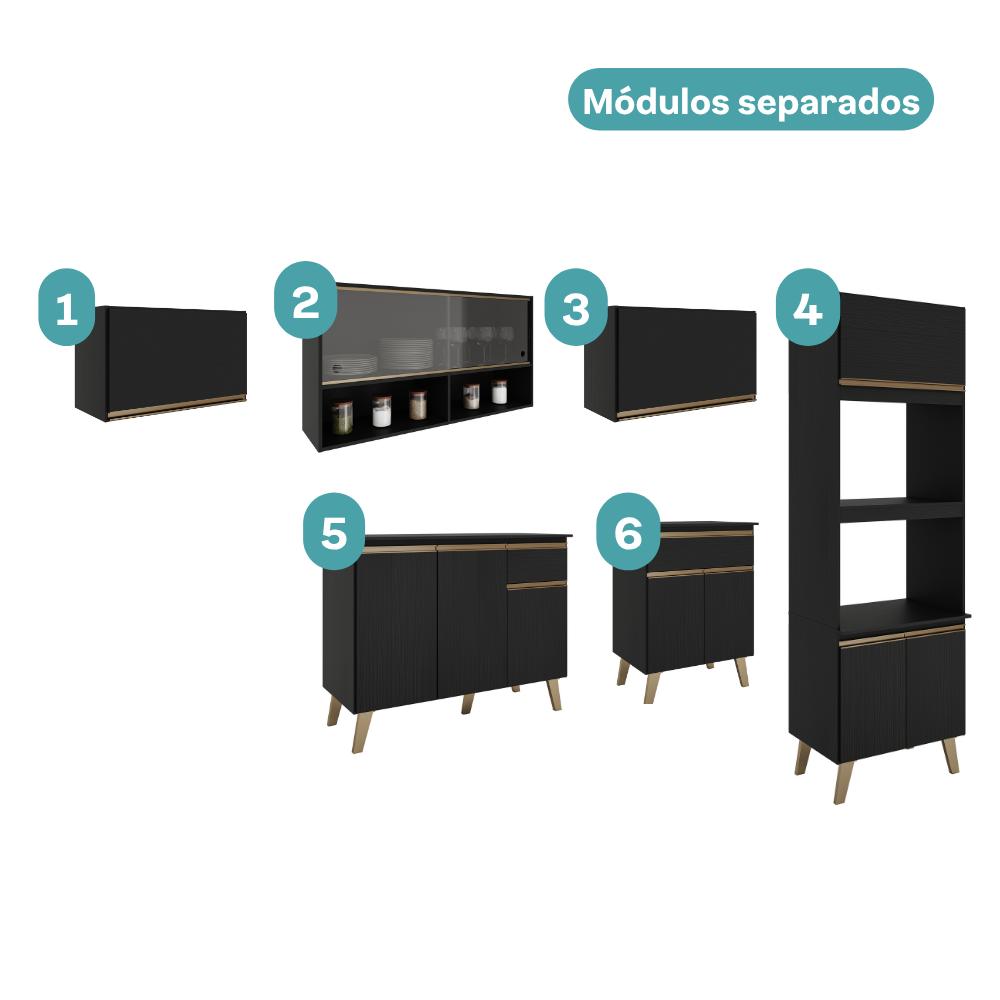 Armário de Cozinha Completa Atlanta Flux com Vidro Carraro Preto Touch