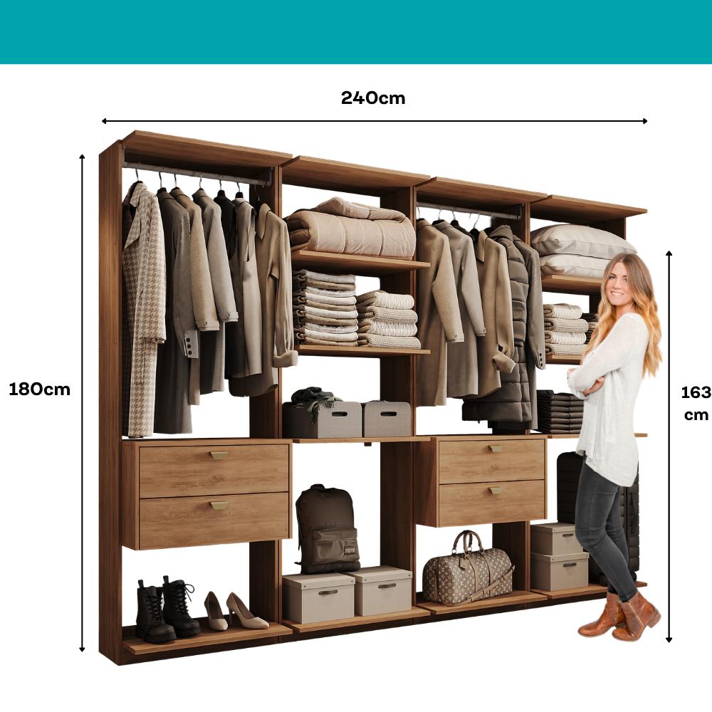 Guarda-Roupas Closet Modulado Alasca 240cm 4 Peças com 4 Gavetas e Cabideiros Freijó Carraro
