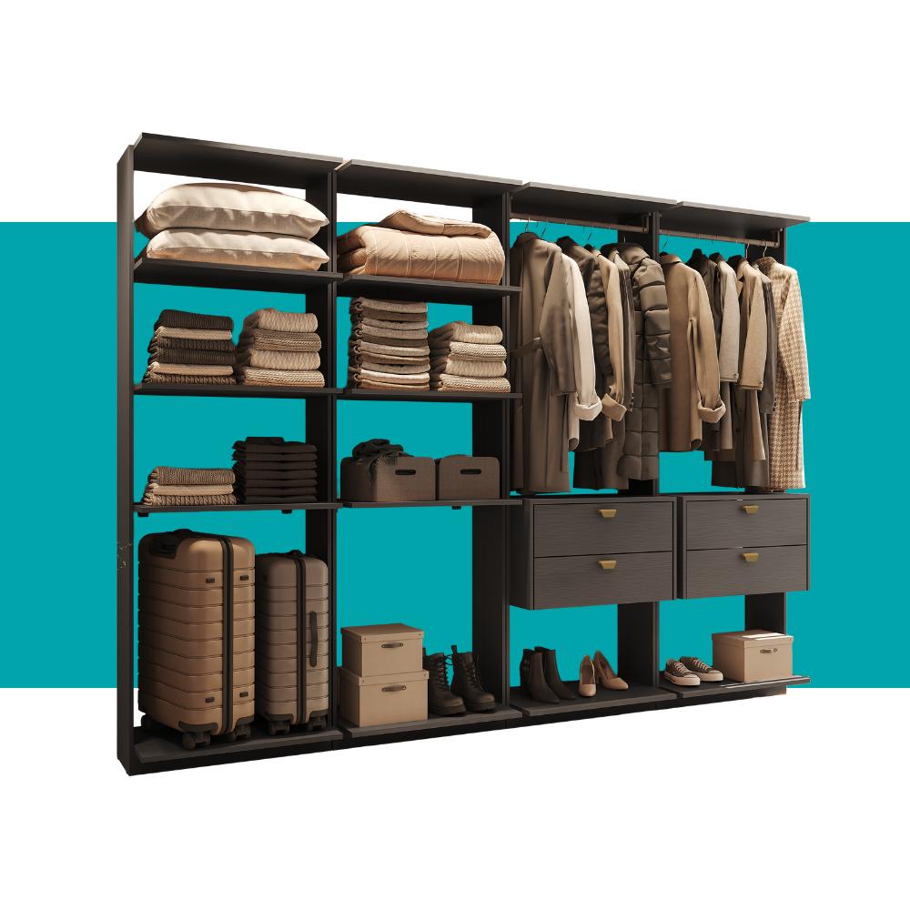 Guarda-Roupas Closet Modulado Alasca One 240cm 4 Peças com 4 Gavetas e Cabideiros Preto Touch Carraro
