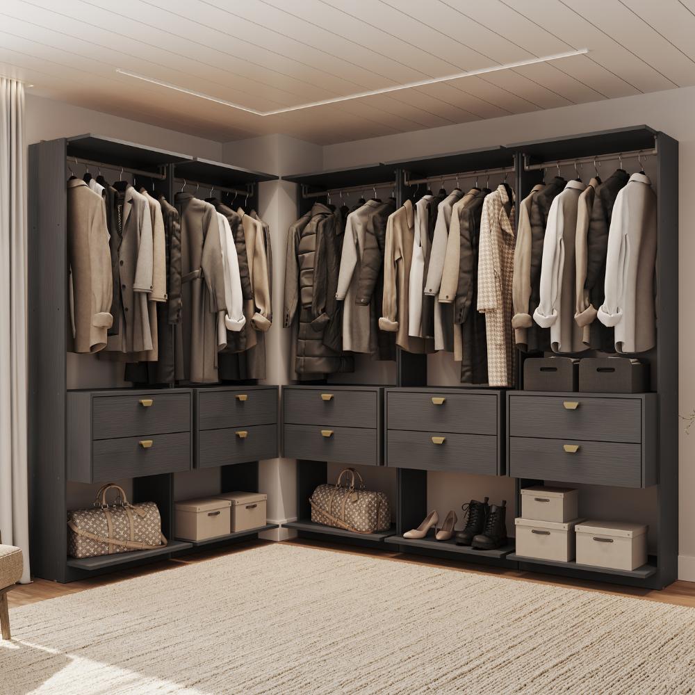 Guarda-Roupas Closet Modulado Alasca 300cm 5 Peças com 10 Gavetas e Cabideiros Preto Touch Carraro