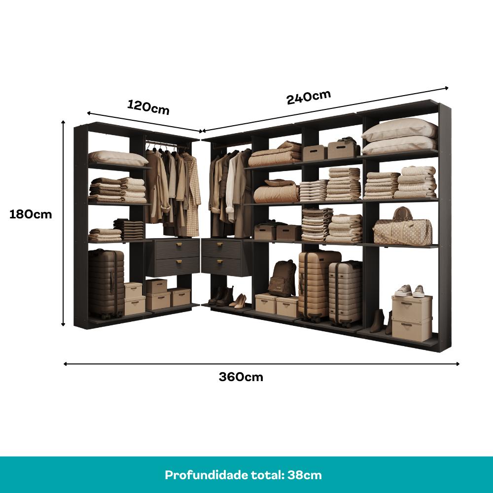 Guarda-Roupas Closet Modulado Alasca One 360cm 6 Peças com 4 Gavetas e Cabideiros Preto Touch Carraro