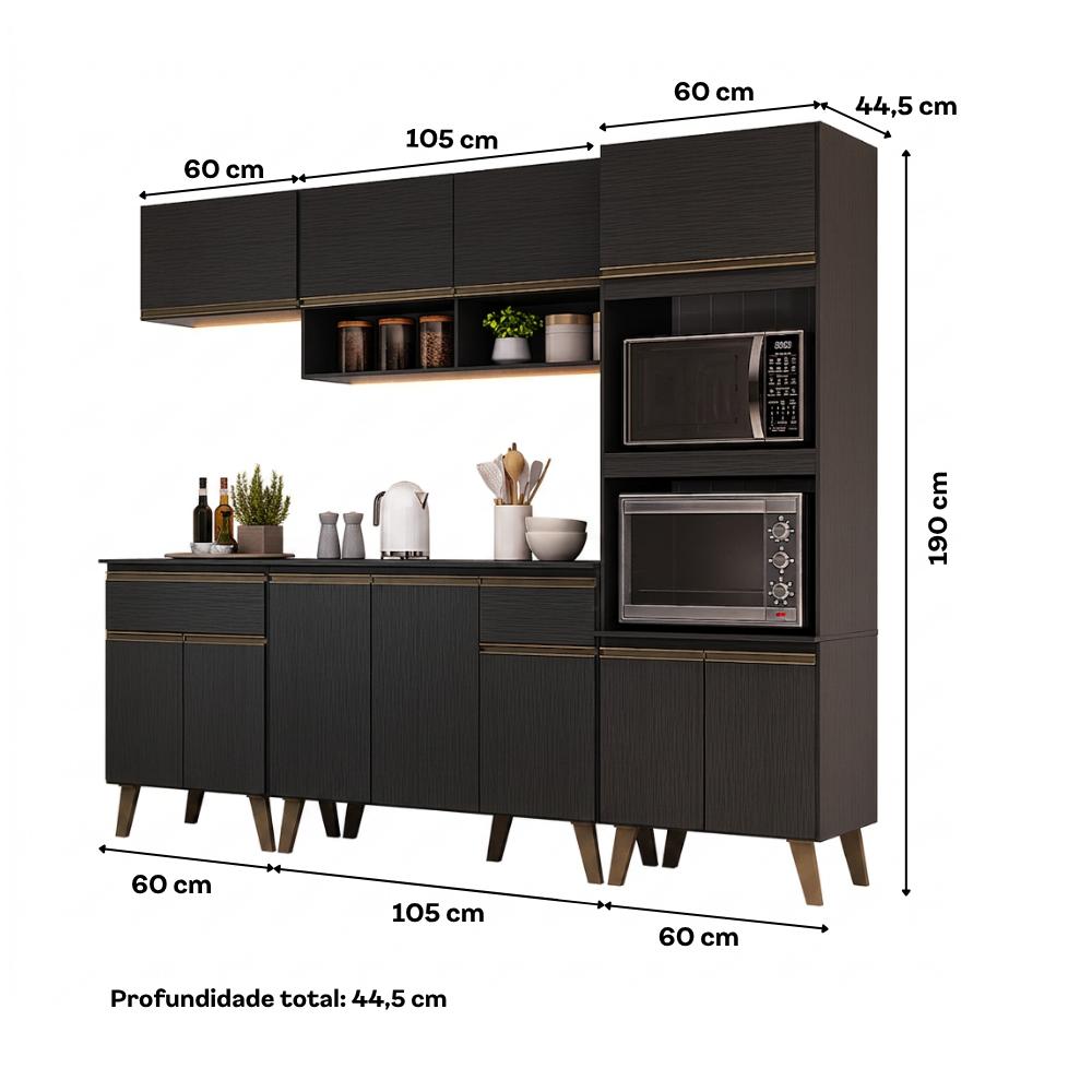 Armário de Cozinha Completa Atlanta Unique Carraro Preto Touch
