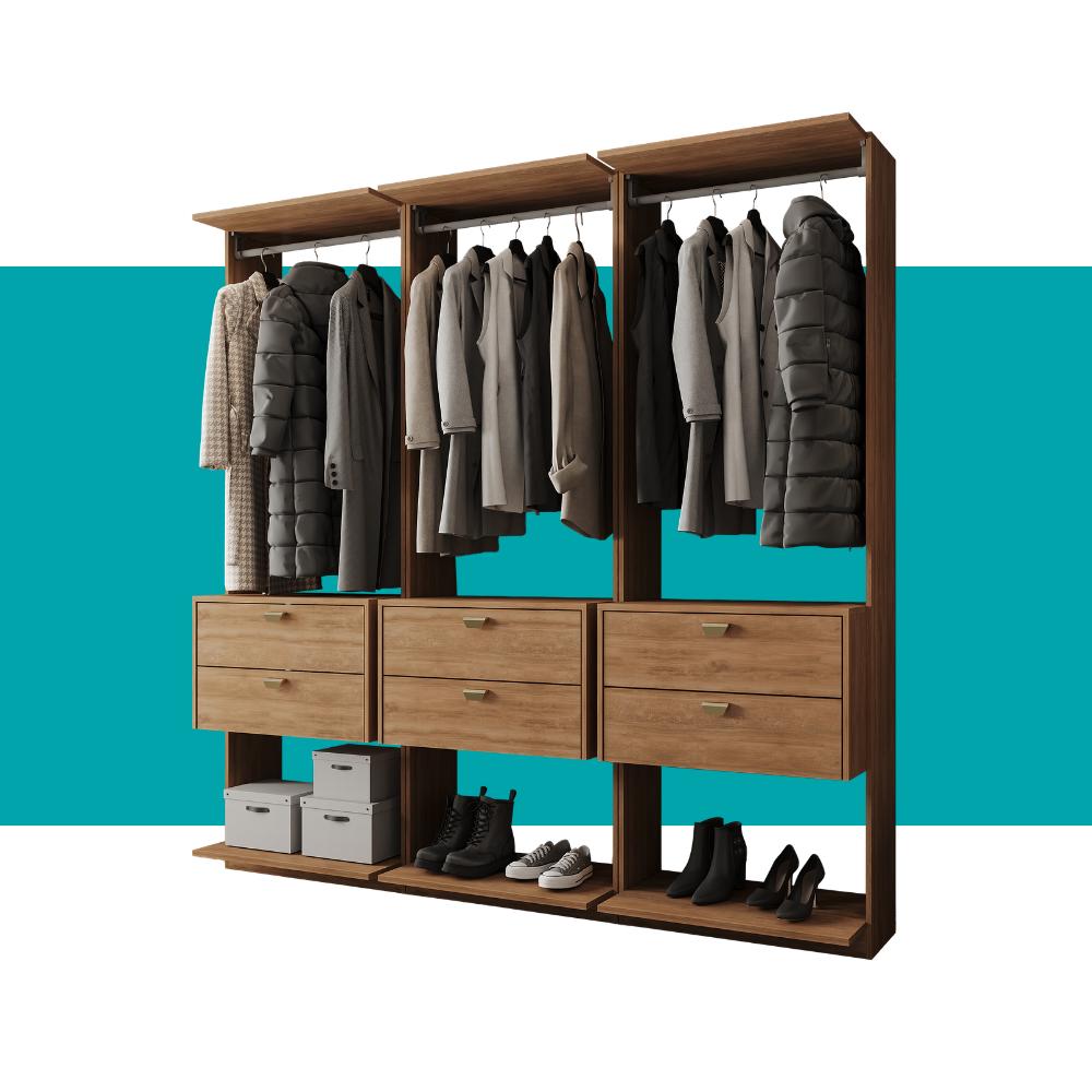 Guarda-Roupas Closet Modulado Alasca 180cm 3 Peças com 6 Gavetas e Cabideiros Freijó Carraro