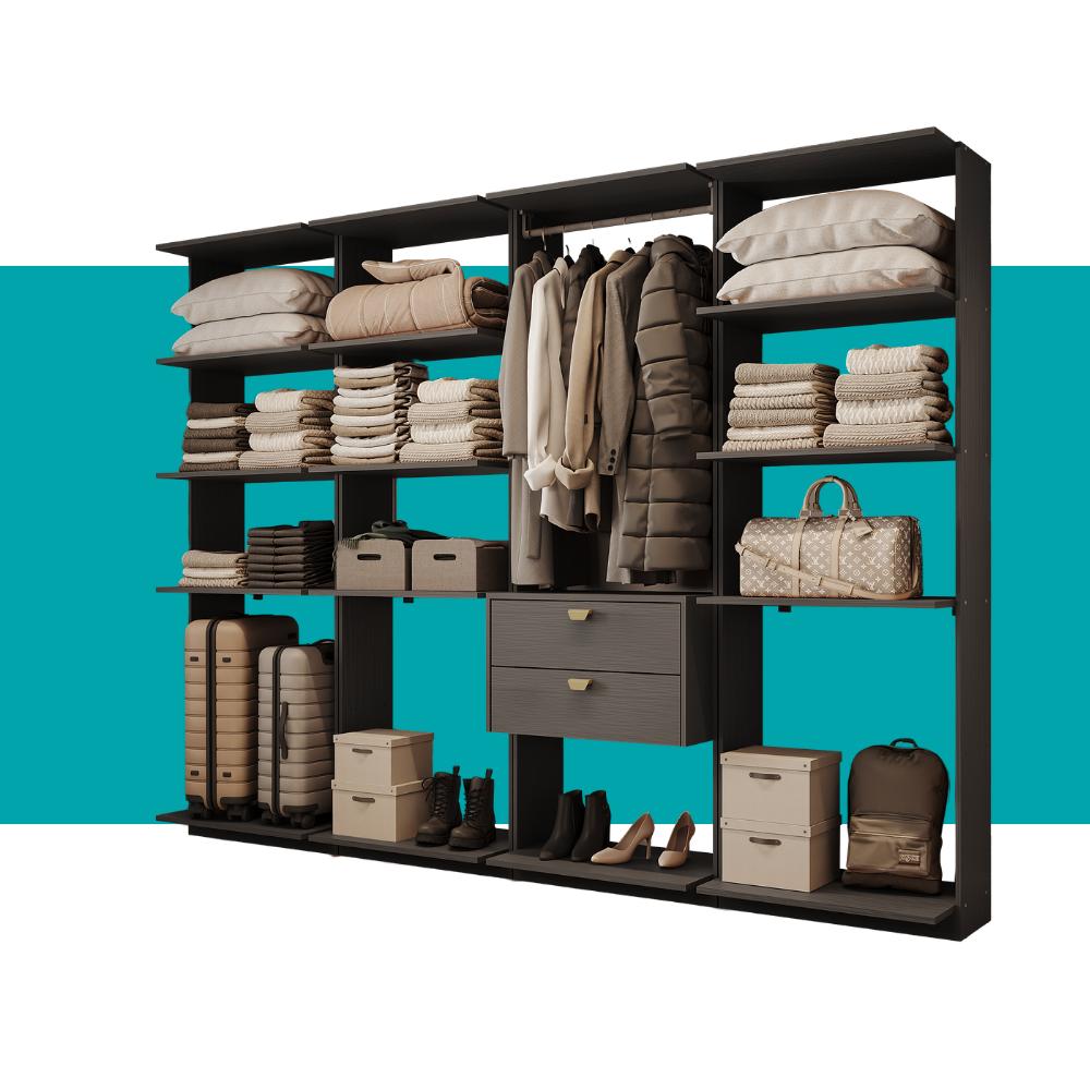 Guarda-Roupas Closet Modulado Alasca 240cm 4 Peças com 2 Gavetas e Cabideiros Preto Touch Carraro