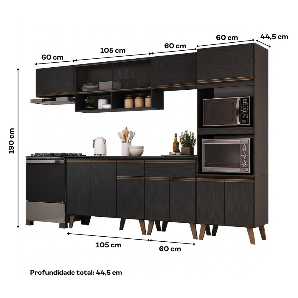 Armário de Cozinha Completa Atlanta Flux com Vidro Carraro Preto Touch