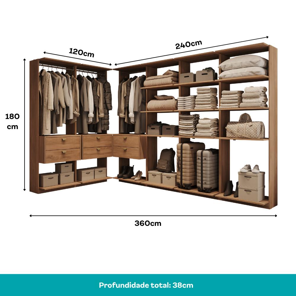 Guarda-Roupas Closet Modulado Alasca 360cm 6 Peças com 6 Gavetas e Cabideiros Freijó Carraro