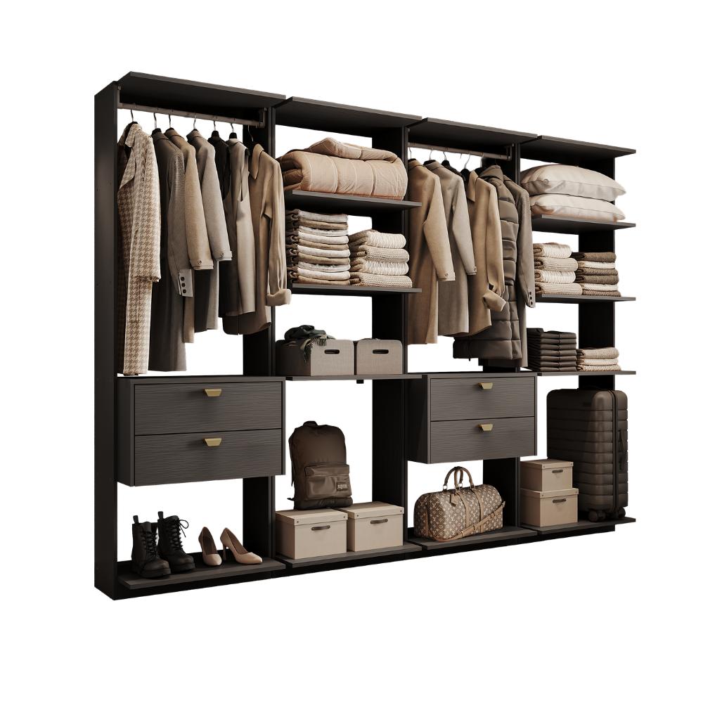 Guarda-Roupas Closet Modulado Alasca 240cm 4 Peças com 4 Gavetas e Cabideiros Preto Touch Carraro