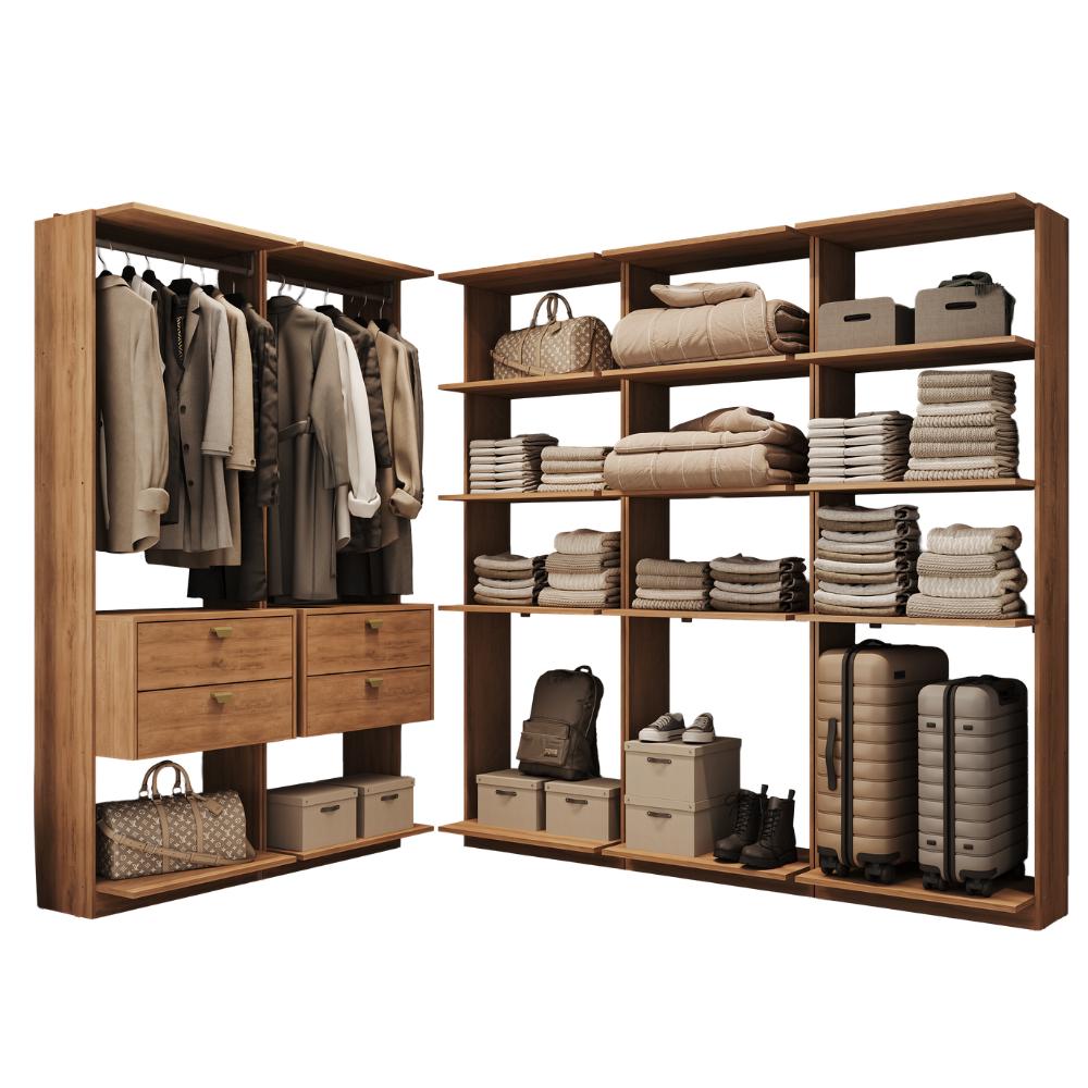 Guarda-Roupas Closet Modulado Alasca 300cm 5 Peças com 4 Gavetas e Cabideiros Freijó Carraro