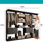 Guarda-Roupas Closet Modulado Alasca 240cm 4 Peças com 4 Gavetas e Cabideiros Preto Touch Carraro