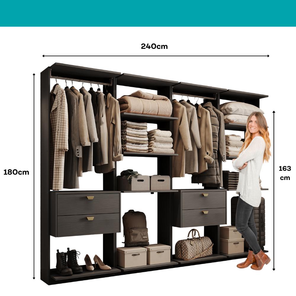 Guarda-Roupas Closet Modulado Alasca 240cm 4 Peças com 4 Gavetas e Cabideiros Preto Touch Carraro