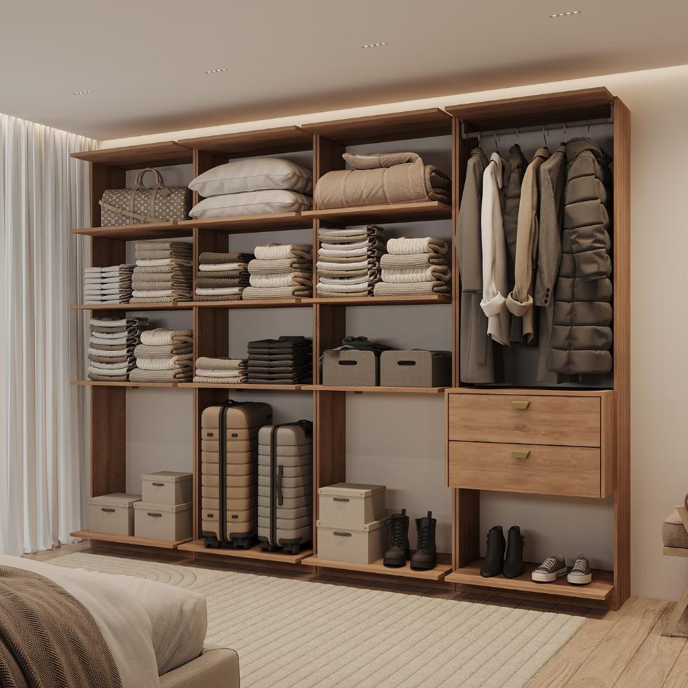Guarda-Roupas Closet Modulado Alasca One 240cm 4 Peças com 2 Gavetas e Cabideiros Freijó Carraro