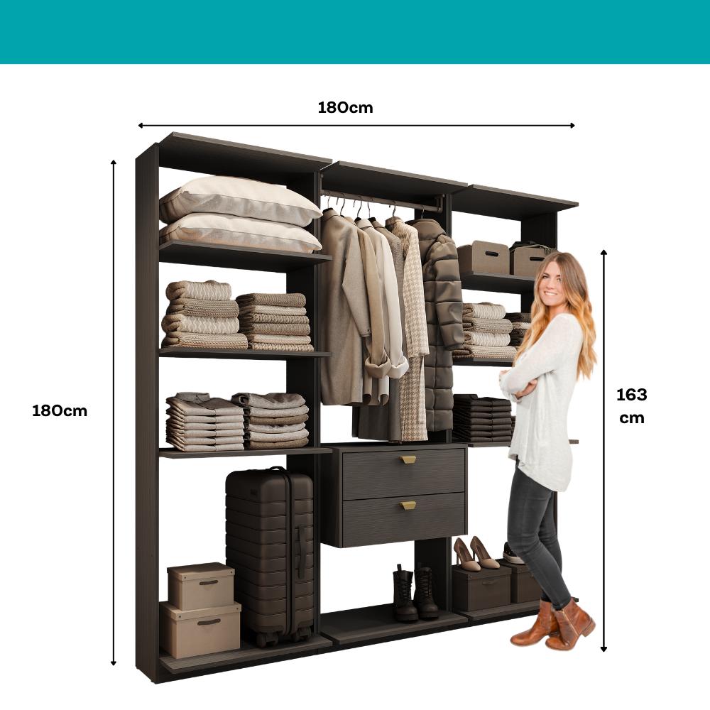 Guarda-Roupas Closet Modulado Alasca One 180cm 3 Peças com 2 Gavetas e Cabideiros Preto Touch Carraro