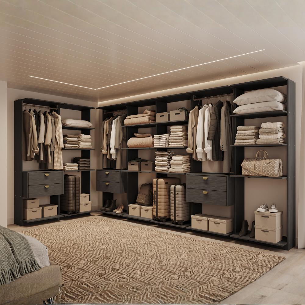 Guarda-Roupas Closet Modulado Alasca 420cm 7 Peças com 6 Gavetas e Cabideiros Preto Touch Carraro