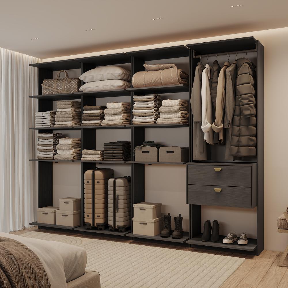 Guarda-Roupas Closet Modulado Alasca One 240cm 4 Peças com 2 Gavetas e Cabideiros Preto Touch Carraro