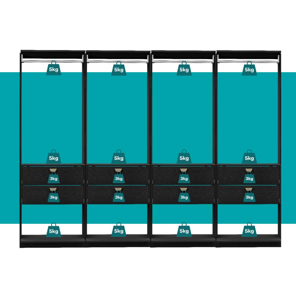 Guarda-Roupas Closet Modulado Alasca 240cm 4 Peças com 8 Gavetas e Cabideiros Preto Touch Carraro