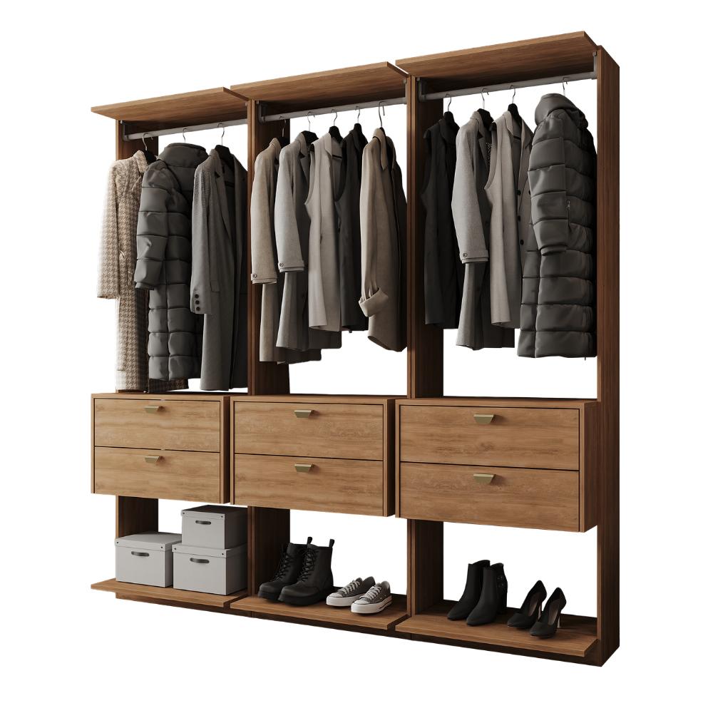 Guarda-Roupas Closet Modulado Alasca 180cm 3 Peças com 6 Gavetas e Cabideiros Freijó Carraro