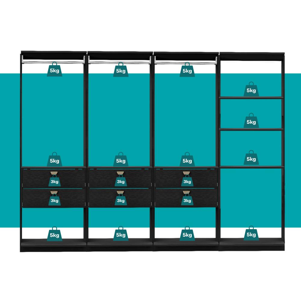 Guarda-Roupas Closet Modulado Alasca 240cm 4 Peças com 6 Gavetas e Cabideiros Preto Touch Carraro