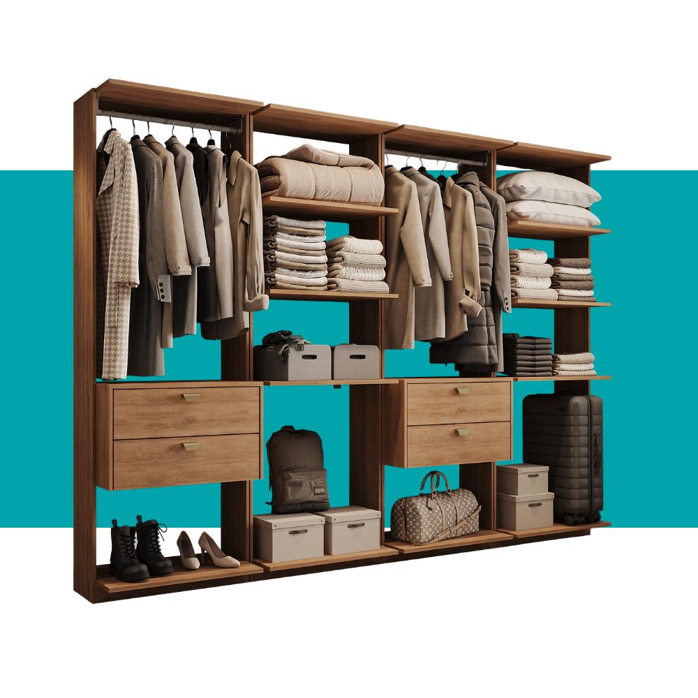 Guarda-Roupas Closet Modulado Alasca 240cm 4 Peças com 4 Gavetas e Cabideiros Freijó Carraro