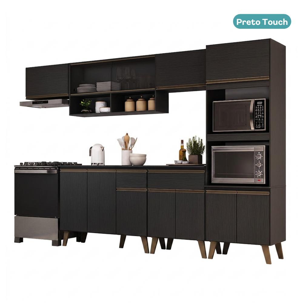 Armário de Cozinha Completa Atlanta Flux com Vidro Carraro Preto Touch