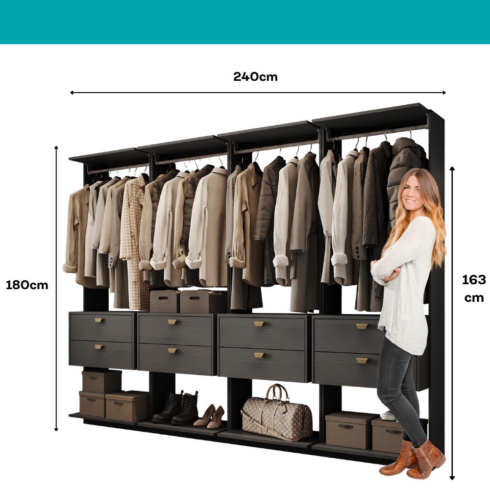Guarda-Roupas Closet Modulado Alasca 240cm 4 Peças com 8 Gavetas e Cabideiros Preto Touch Carraro