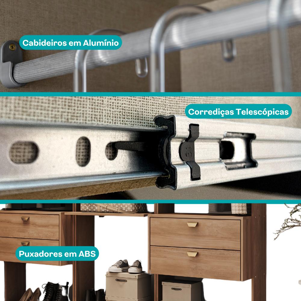 Guarda-Roupas Closet Modulado Alasca One 240cm 4 Peças com 4 Gavetas e Cabideiros Freijó Carraro
