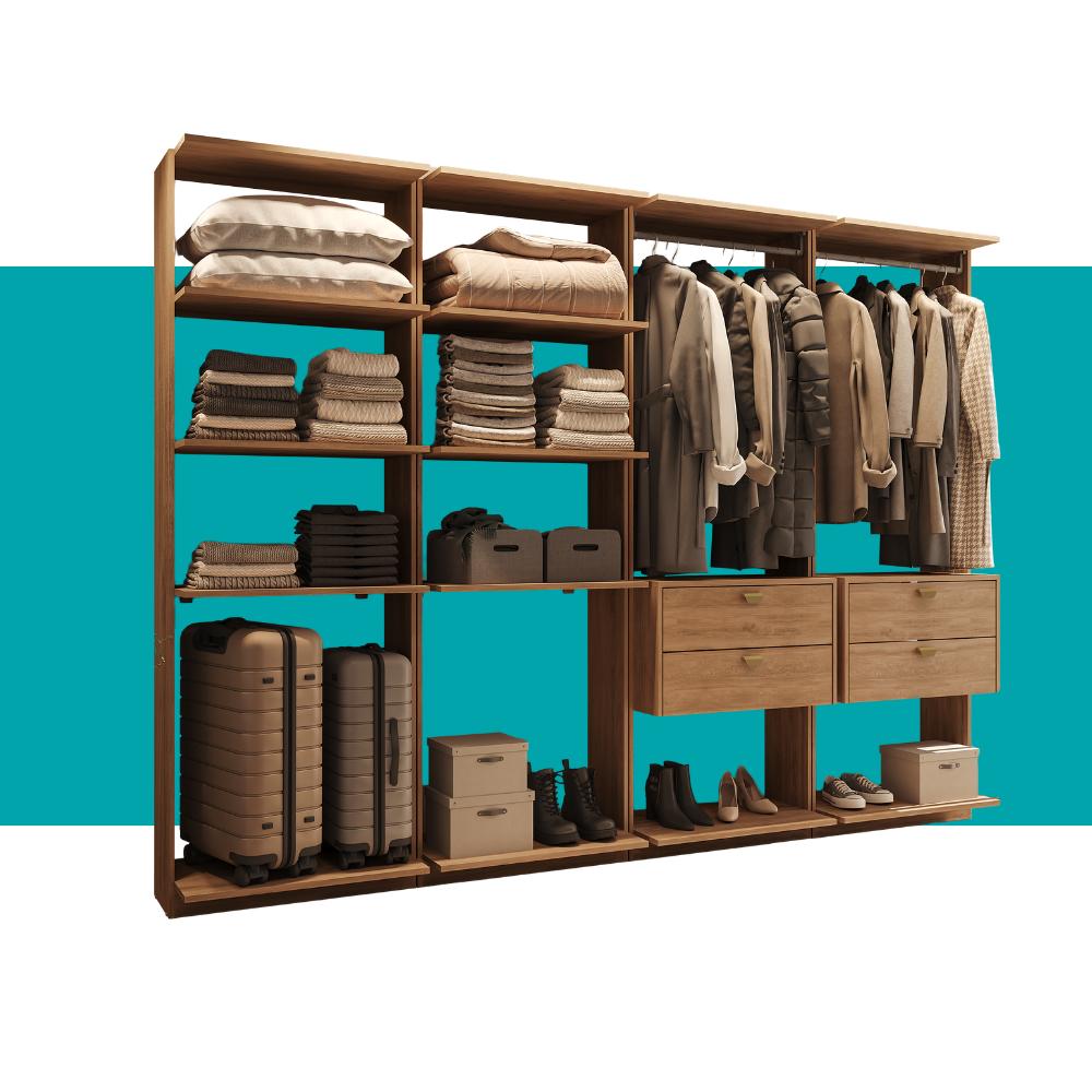 Guarda-Roupas Closet Modulado Alasca One 240cm 4 Peças com 4 Gavetas e Cabideiros Freijó Carraro