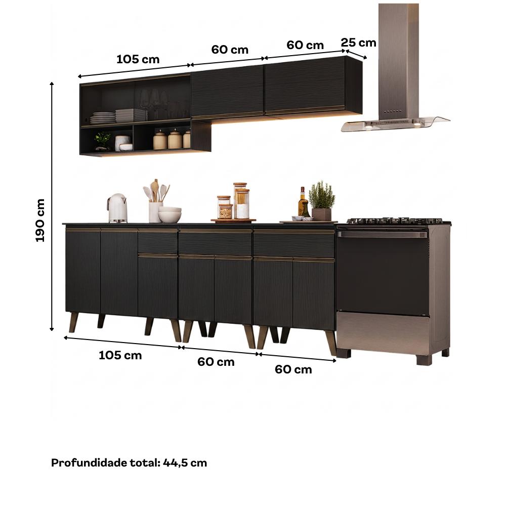 Armário de Cozinha Completa Atlanta Nexo com Vidro Carraro Preto Touch