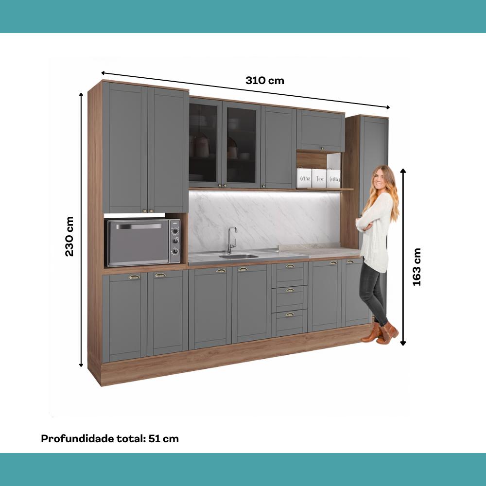 Armário de Cozinha Completa com Balcão Milla Cadenza Carraro Nogal com Cinza Titânio