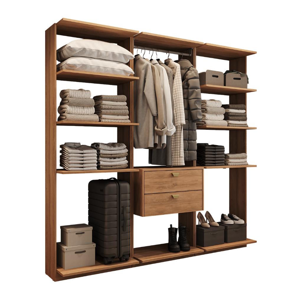 Guarda-Roupas Closet Modulado Alasca One 180cm 3 Peças com 2 Gavetas e Cabideiros Freijó Carraro
