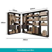 Guarda-Roupas Closet Modulado Alasca 360cm 6 Peças com 4 Gavetas e Cabideiros Preto Touch Carraro