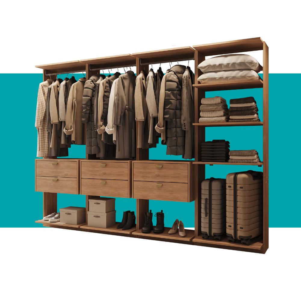 Guarda-Roupas Closet Modulado Alasca 240cm 4 Peças com 6 Gavetas e Cabideiros Freijó Carraro