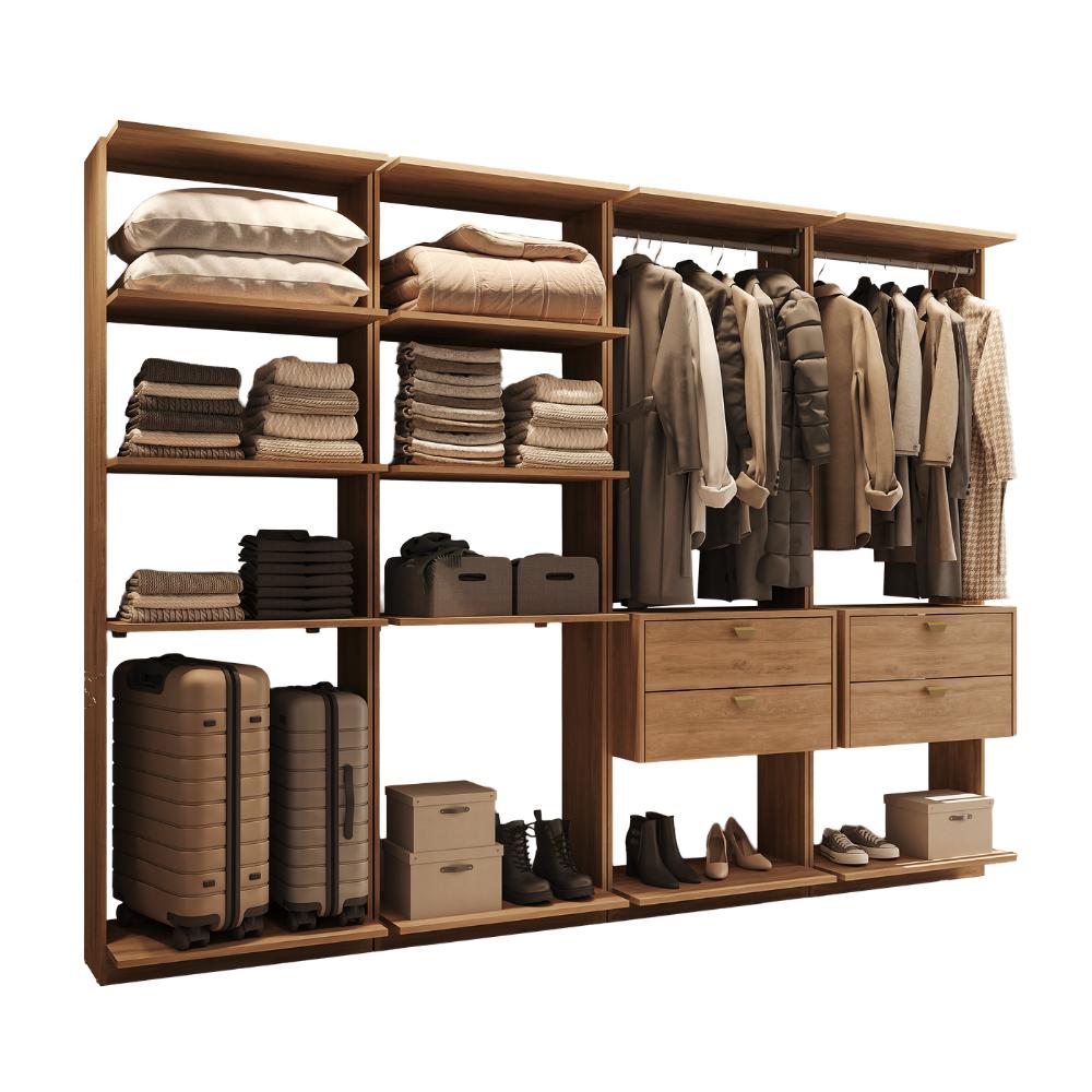 Guarda-Roupas Closet Modulado Alasca One 240cm 4 Peças com 4 Gavetas e Cabideiros Freijó Carraro