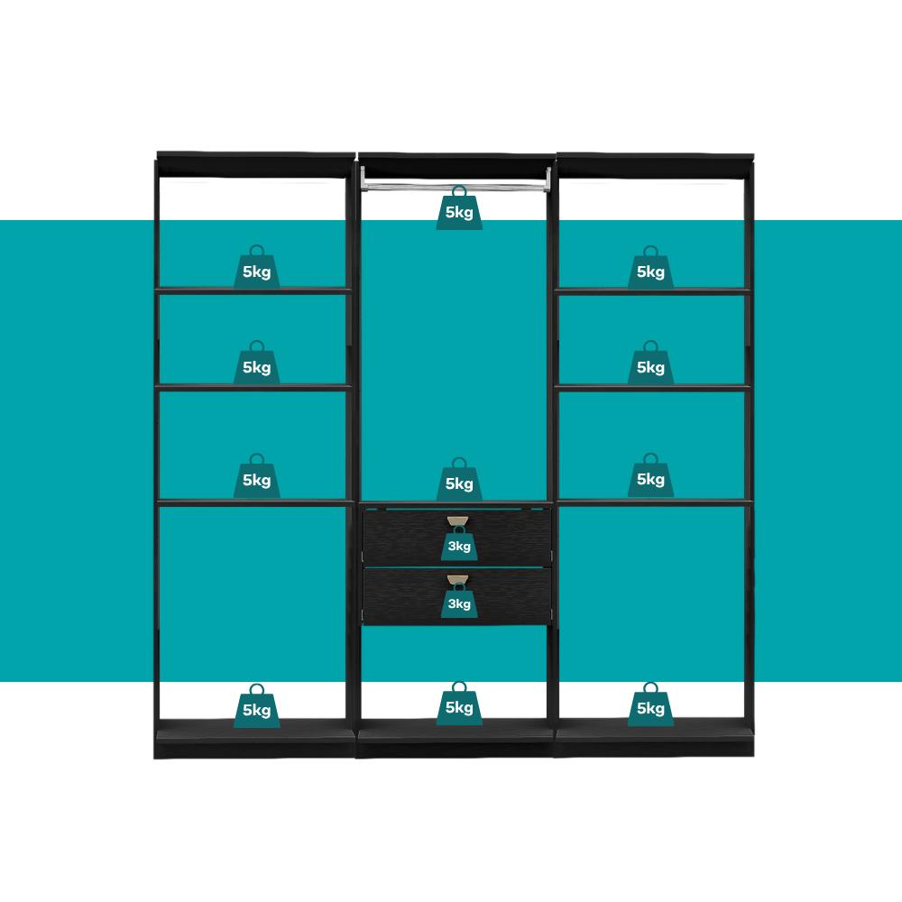 Guarda-Roupas Closet Modulado Alasca One 180cm 3 Peças com 2 Gavetas e Cabideiros Preto Touch Carraro