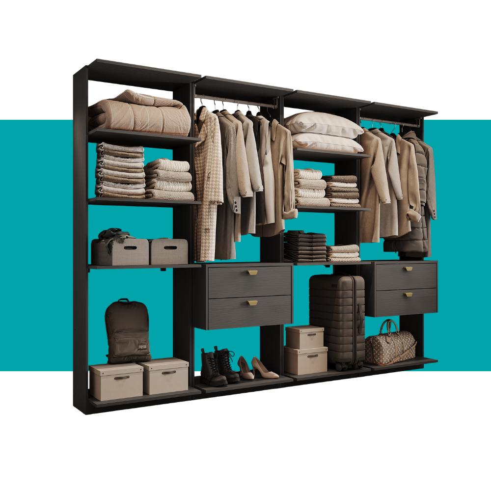 Guarda-Roupas Closet Modulado Alasca Duo 240cm 4 Peças com 4 Gavetas e Cabideiros Preto Touch Carraro