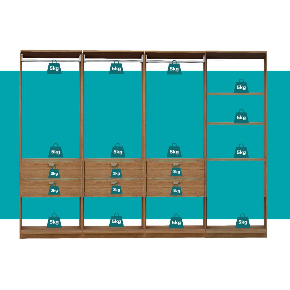 Guarda-Roupas Closet Modulado Alasca 240cm 4 Peças com 6 Gavetas e Cabideiros Freijó Carraro
